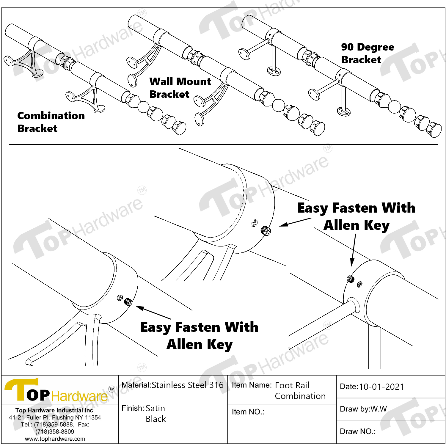 Solid Bar Mount Foot Rail Kit, Matt Black Stainless Steel Tubing w/Internal Connector, Combination Foot Rail Brackets, Flat End Cap, 3 ft = 36 in x 1