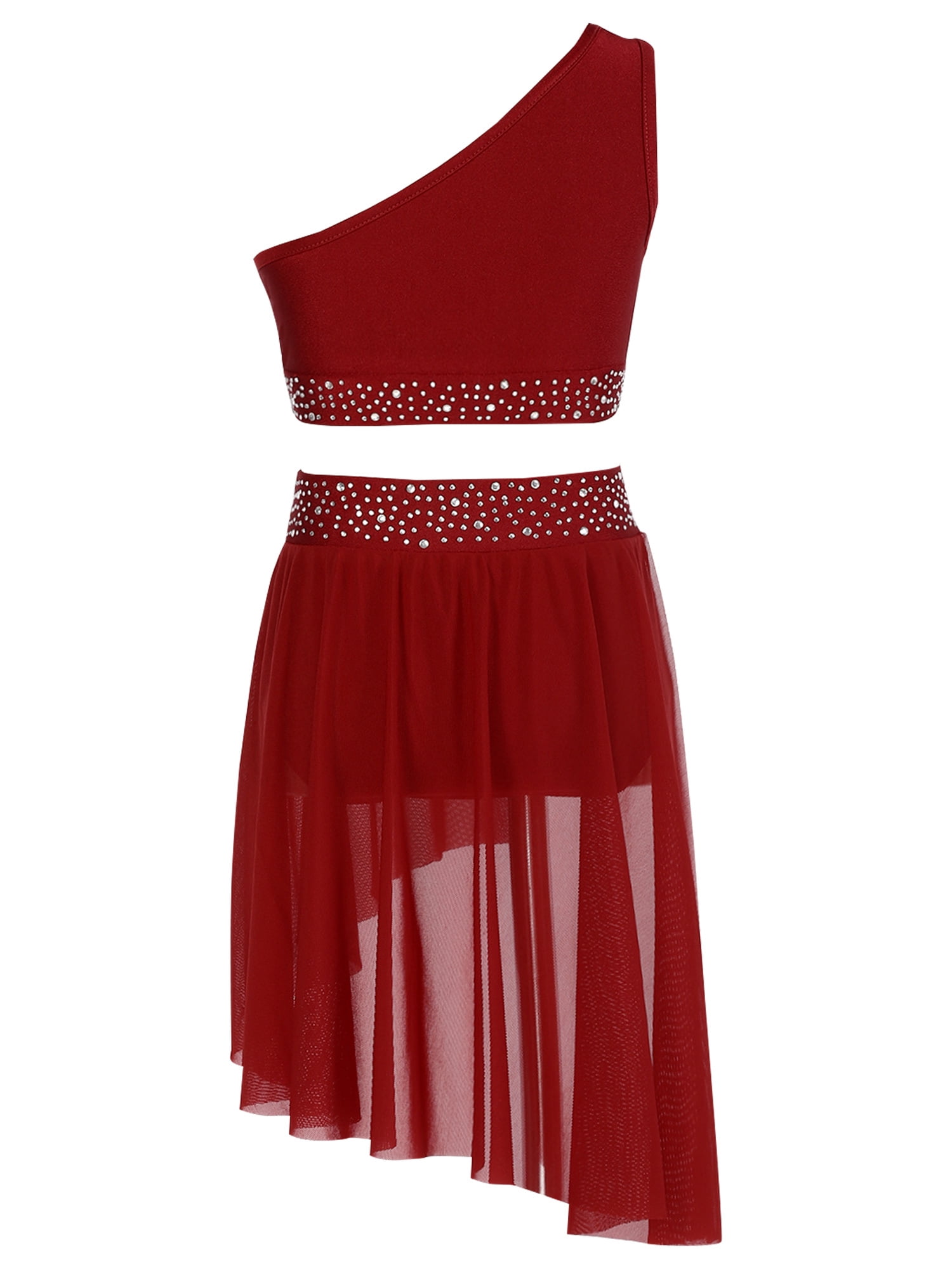 TSSOE Kids Girls 2 Pieces Lyrical Dance Dress Crop Top with Tutu Skirt Ballet Figure Skating Dress Burgundy 6