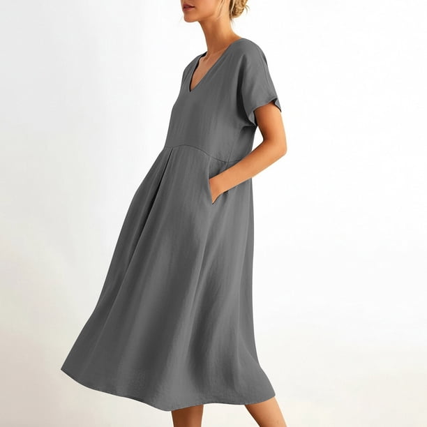 grey short sleeve midi dress Linen Dress Sevevn Women's Linen V-Neck Short Sleeve Midi Dress with Pockets Loose Fit Casual Dress Gray M, Size: Medium