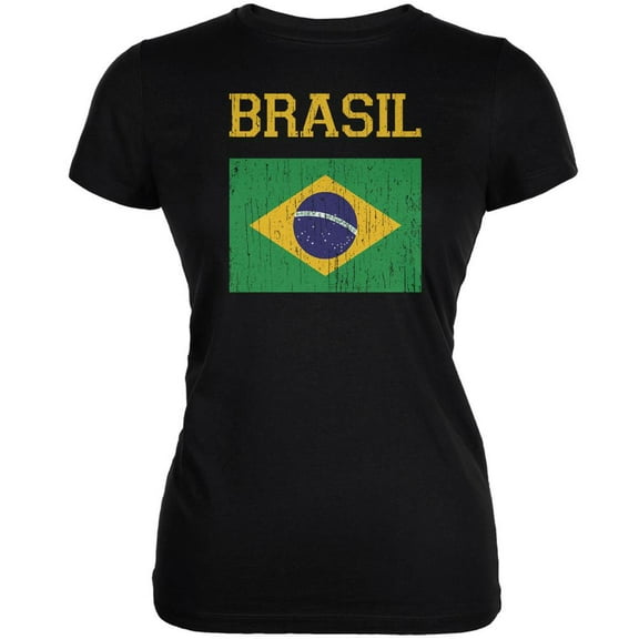 World Cup Distressed Flag Brasil Black Juniors Soft T-Shirt - Medium