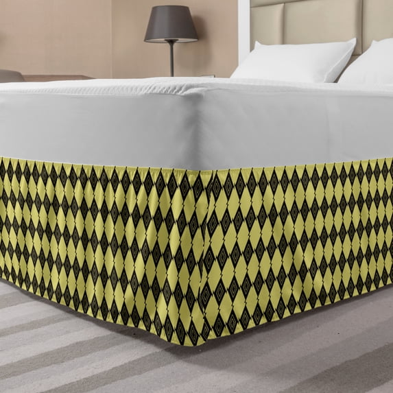 Geometrical Bed Skirt, Abstract Concentric Squares and Triangles in Repeating Design, Elastic Bedskirt Dust Ruffle Wrap Around for Bedding Decor, 4 Sizes, Charcoal Grey and Yellow, by Ambesonne
