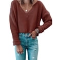 thumbnail image 2 of Prendas de punto con cuello en V para mujer, Jersey de punto suelto corto transpirable amigable con la piel de Color puro y manga larga, Top para Otoño e Invierno, 2 of 6