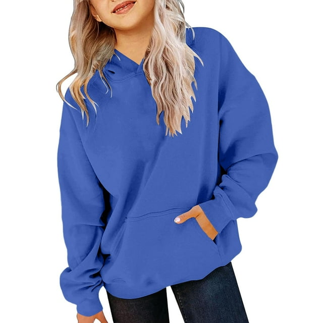 AWZXDE Girls Basic Solid Color Hooded Pullover with Pocket Cozy Wool All Purpose Top for School Layering and Weekend Comfort Wear BU3,5-6 Years