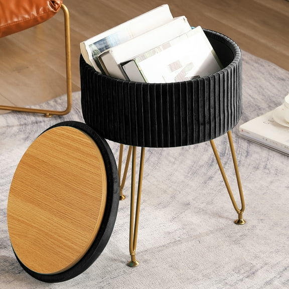 CUYOCA Round Storage Ottoman Velvet Vanity Stool with Tray, Footstool with Metal Legs, White