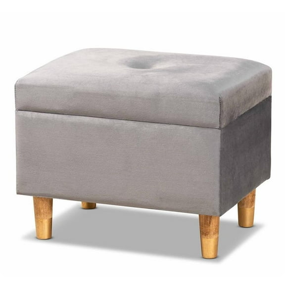 Bowery Hill Grey Velvet and Brown Finished Wood Storage Ottoman