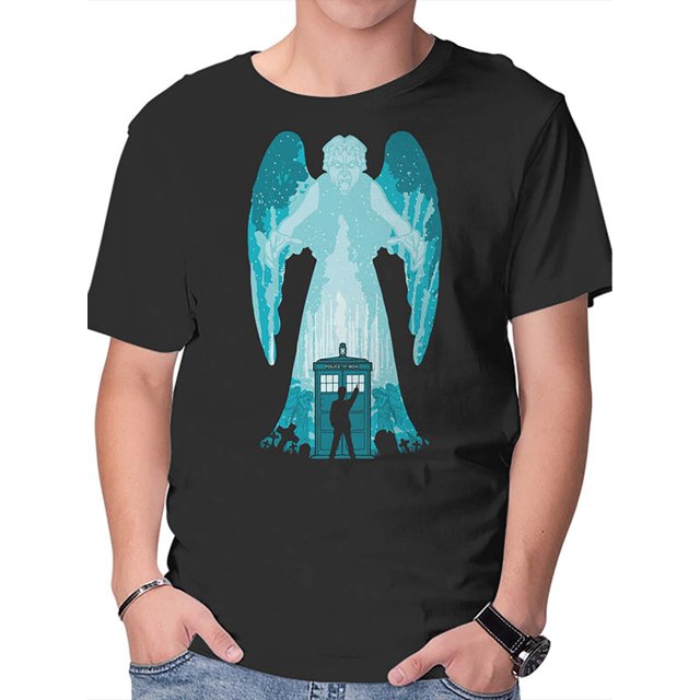 T-Shirt en Coton à Col Rond pour Homme, Style Décontracté, Coupe Régulière, Tissu Tricoté avec Élasticité Moyenne, Couleur Unie avec Applique Graphique Ange Pleurant, 180gsm - Noir, T-Shirt Quotidien / Chemise Imprimée Artistique / du