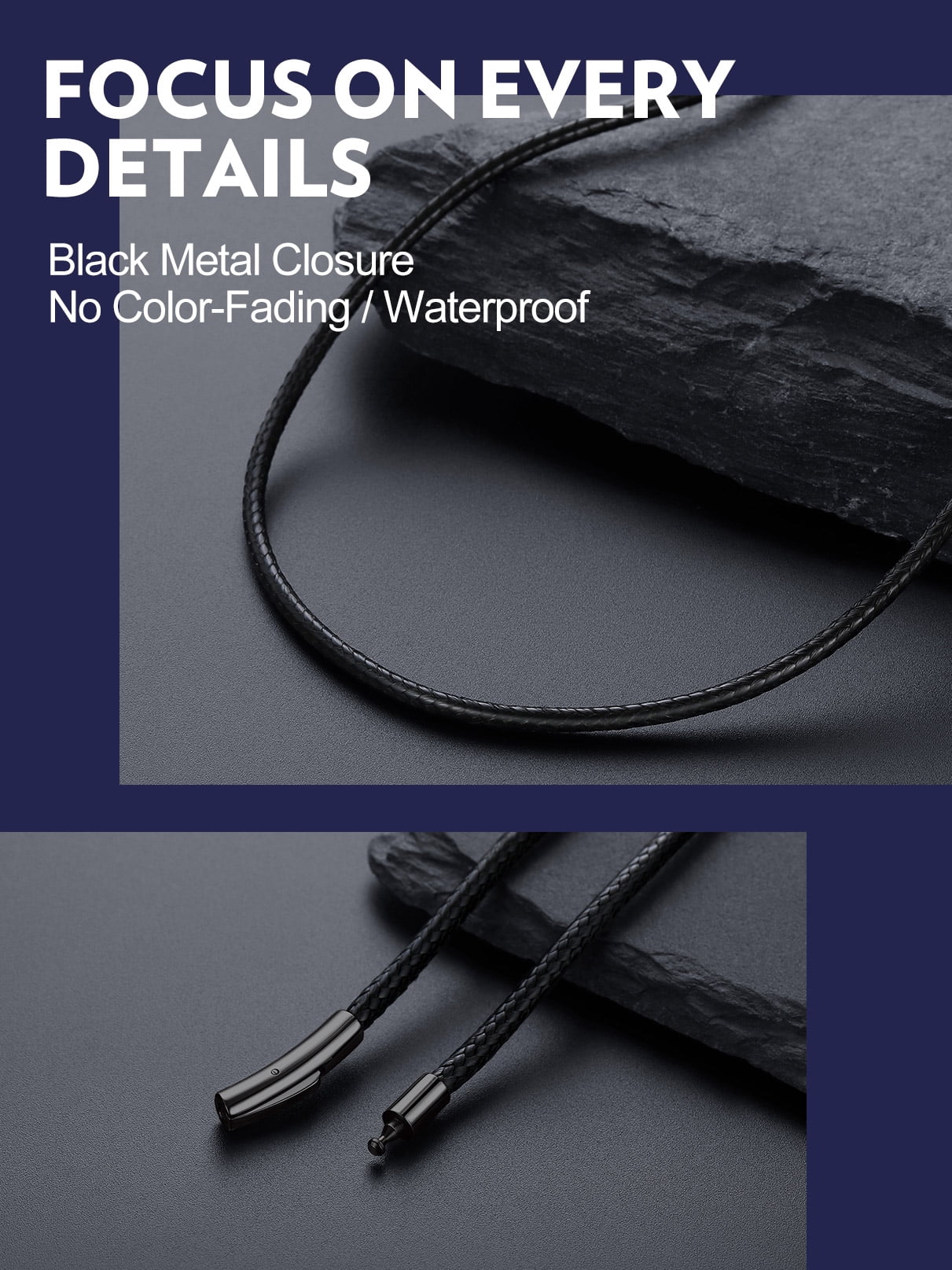 Bandmax 3MM Wax Rope Chain Choker Necklace for Men Women 18 inches Waterproof Braided Wax Rope with Stainless Steel Black Snap Clasp Neck Chains for Pendant
