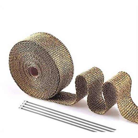 Titanium Exhaust Wrap 1" x 16' Roll for Motorcycle Fiberglass Heat Shield Tape with Stainless Ties