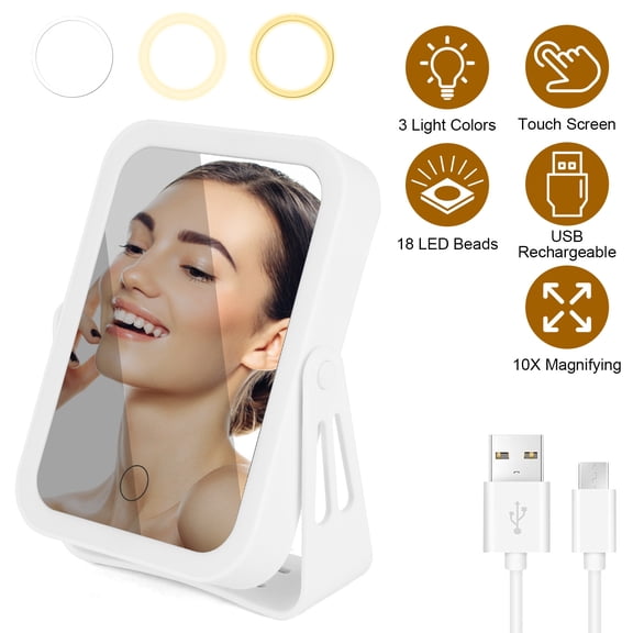 10X Magnifying LED Travel Makeup Mirror Double Sided Lighted Mirror with 3 Light Modes Touch Control USB Rechargeable Cosmetic Mirror for Women