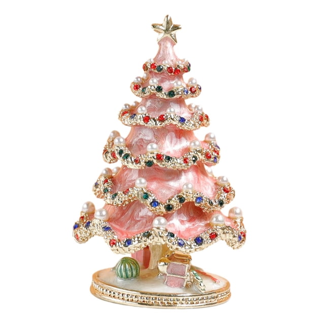 Caja de Baratija Esmaltada de de Navidad Pintada a Mano, Organizador de Joyas con Bisagras, Almacenamiento de Anillos, Figura de Decoración Del Rosa