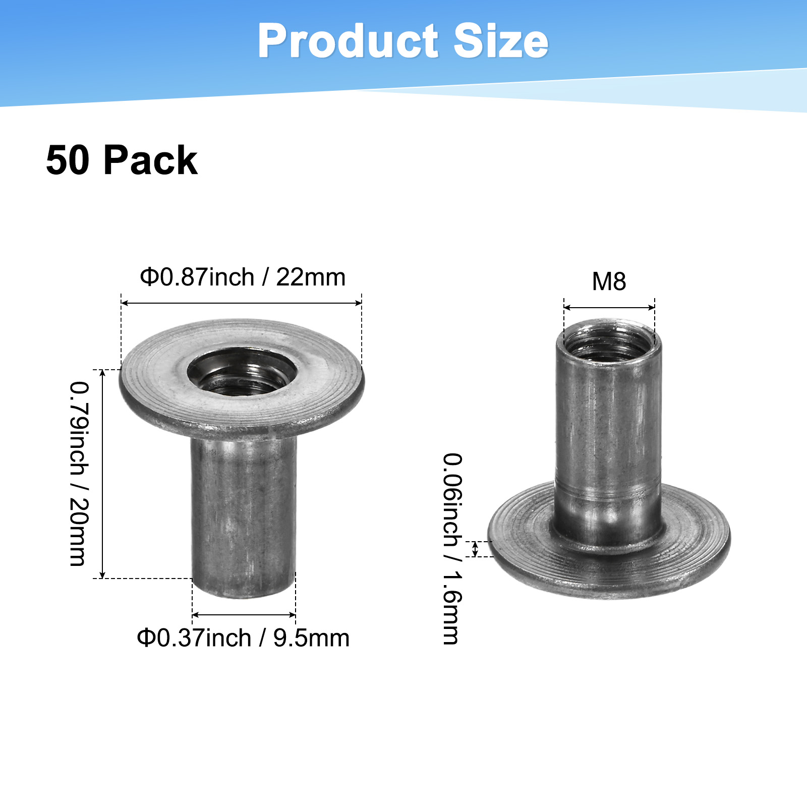 Uxcell 50-Pack M8x20mm T-Nuts Zinc Plated Carbon Steel Tee Nut Round Base Weld Nuts Gray