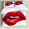 thumbnail image 1 of Lips Duvet Cover Set King Size, Detailed Woman Biting Lips Design with Pinkish Tones on Plain Background, Decorative 3 Piece Bedding Set with 2 Pillow Shams, Dark Coral Pink White, by Ambesonne, 1 of 3