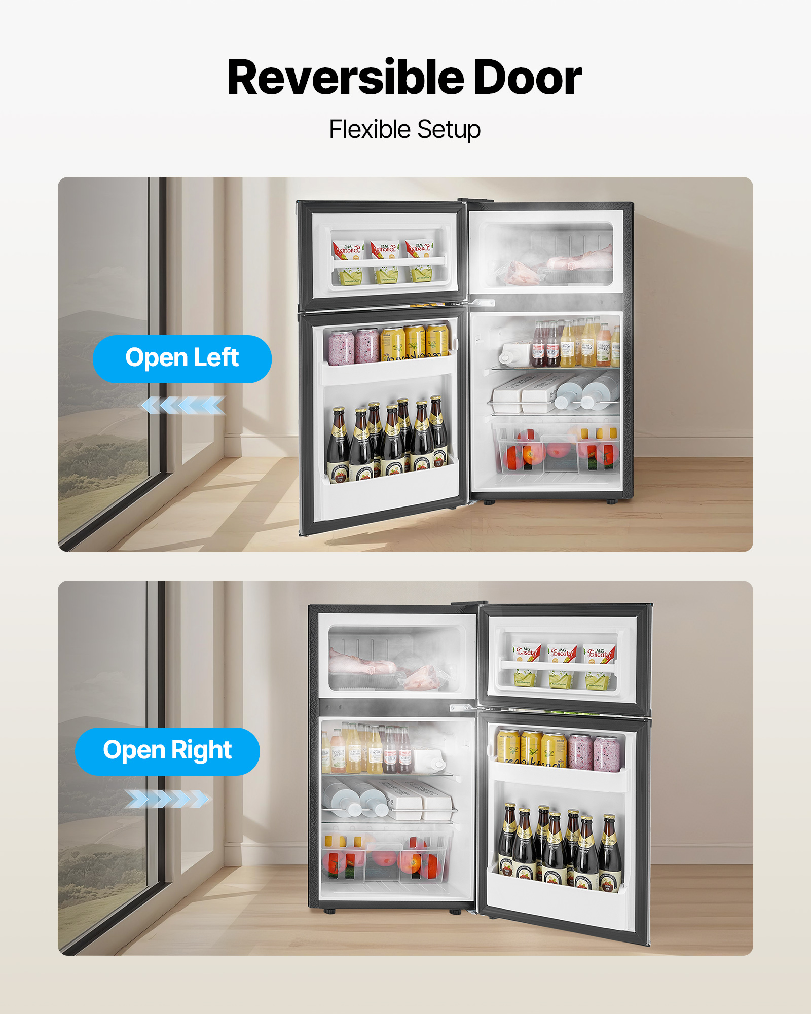 VEVOR Mini Fridge with Freezer, 3.2 Cu.Ft, Two Door Compact Refrigerator, Adjustable Temperature, Shelf, Energy Efficient Small Fridge, Reversible Door, Low Noise,for Bedroom,Dorm,Office,Stainless