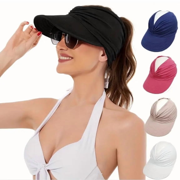 Womens Sun Visor Hat Wide Brim Summer UPF 50 UV Protection Beach Sport Cap Ponytail Hat