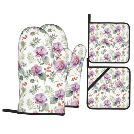 

Oven Mitts and Pot Holders Sets 4 pcs - Orchids Flowers Fruit Heat Resistant Silicone Oven Gloves with Non-Slip Silicone Surface and hot pads for kitchen Baking Cooking BBQ