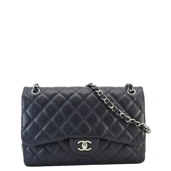 Pre-Owned CHANEL Classic Jumbo Double Flap Quilted Caviar Leather Shoulder Bag Navy Blue
