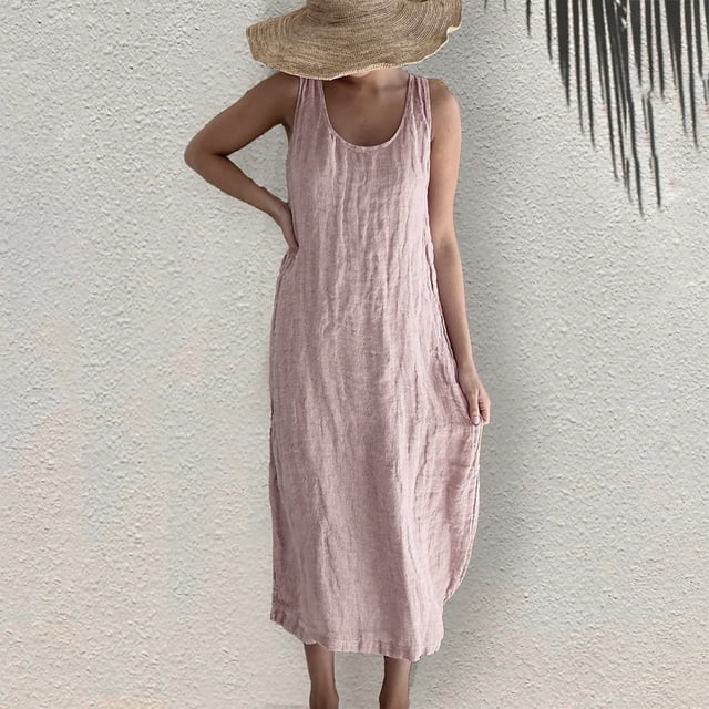 Mefallenssiah Femmes Sans Manches Col Rond Robe Femmes Été Décontractée Col Rond Plage Sans Manches Robe