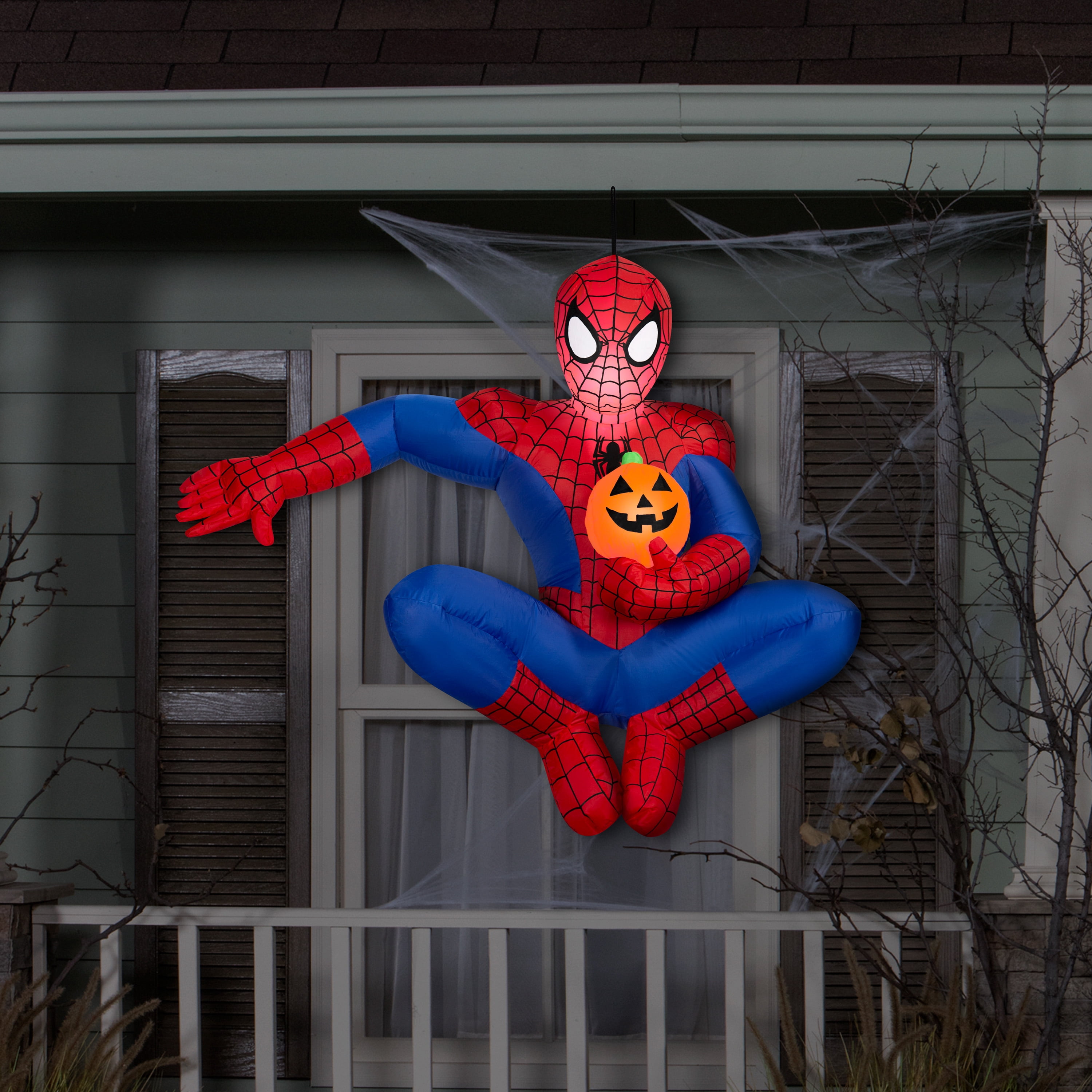 Airblown Halloween Yard Inflatable Light Hanging Spiderman with Pumpkin Marvel, 4.5 ft