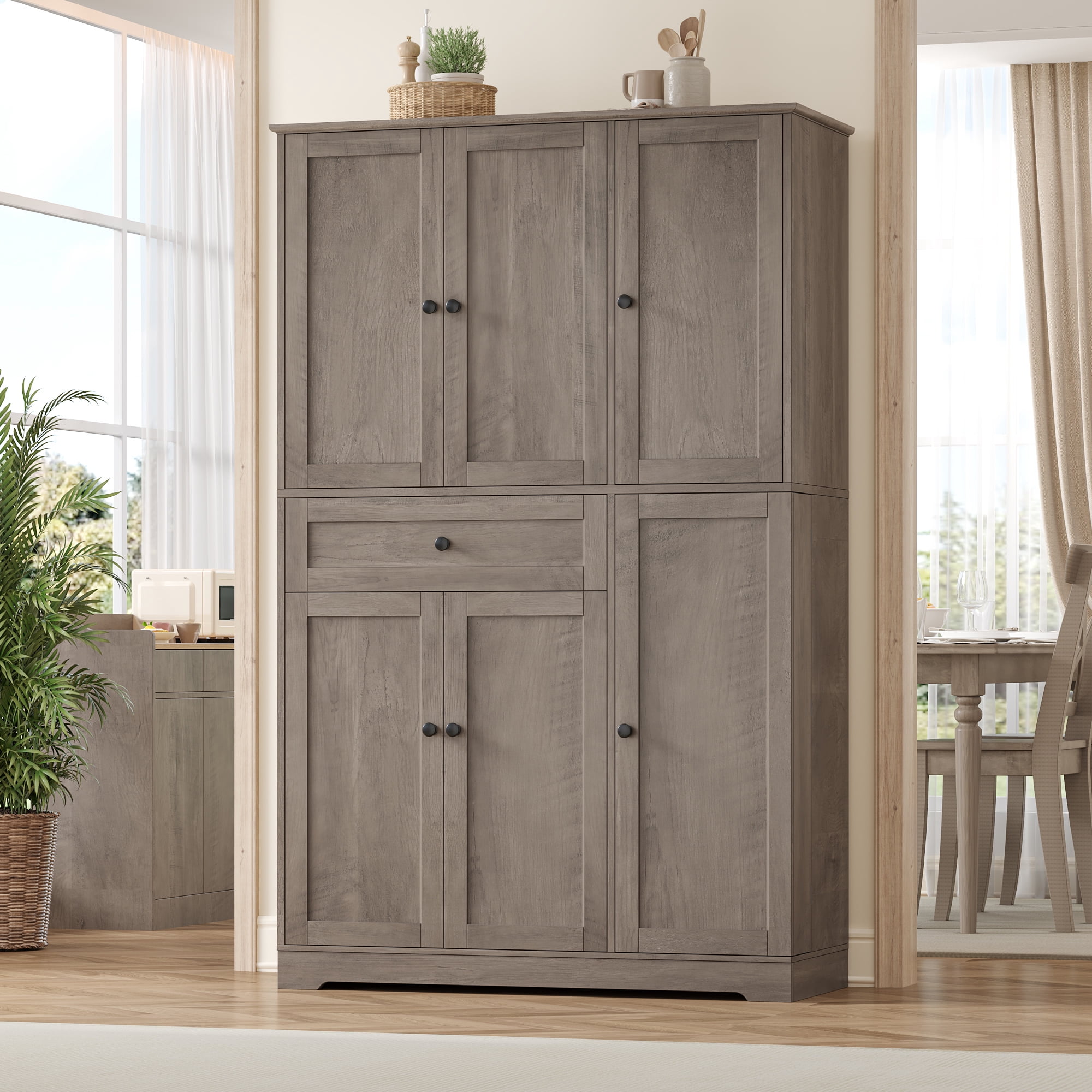 Homfa Kitchen Pantry Storage Cabinet, 68" Food Pantry Cabinet with Drawer and Door Shelf, 6 Door Freestanding Cupboard Buffet for Dining Room, Wash Gray