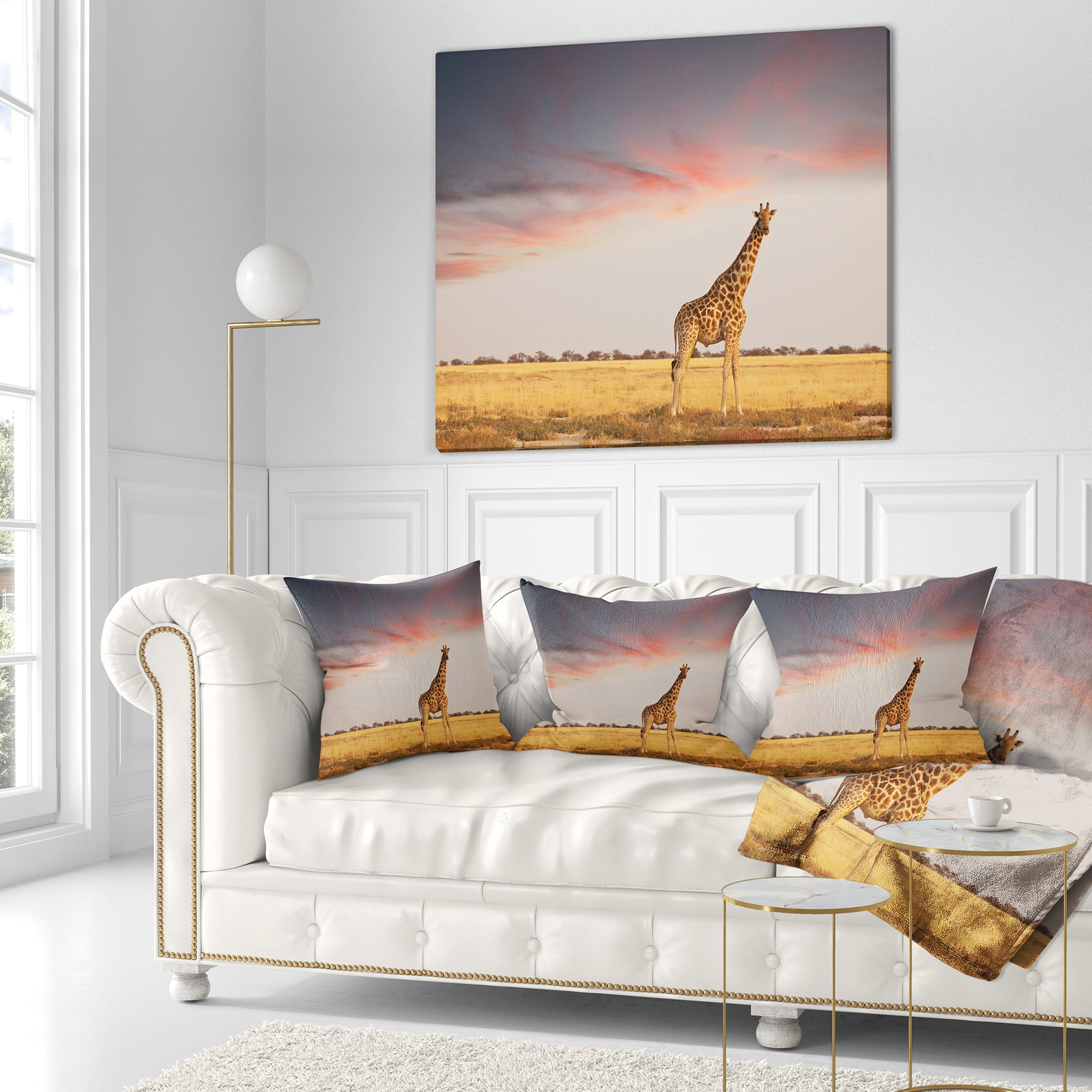 Designart Single Giraffe in Savannah - African Throw Pillow - 18x18