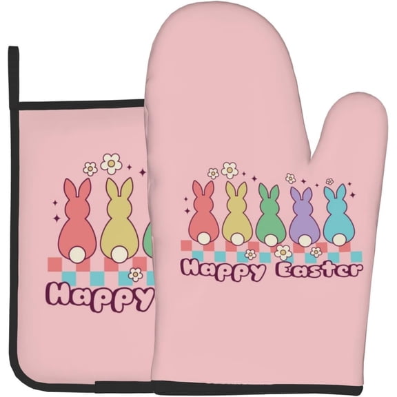 Oven Mitts and Pot Holders Sets of 2 Happy Easter Kitchen Potholder Gloves Heat Resistant Non-Slip for Chef Baking Cooking Grilling BBQ Mittens Kitchen Accessories Sets