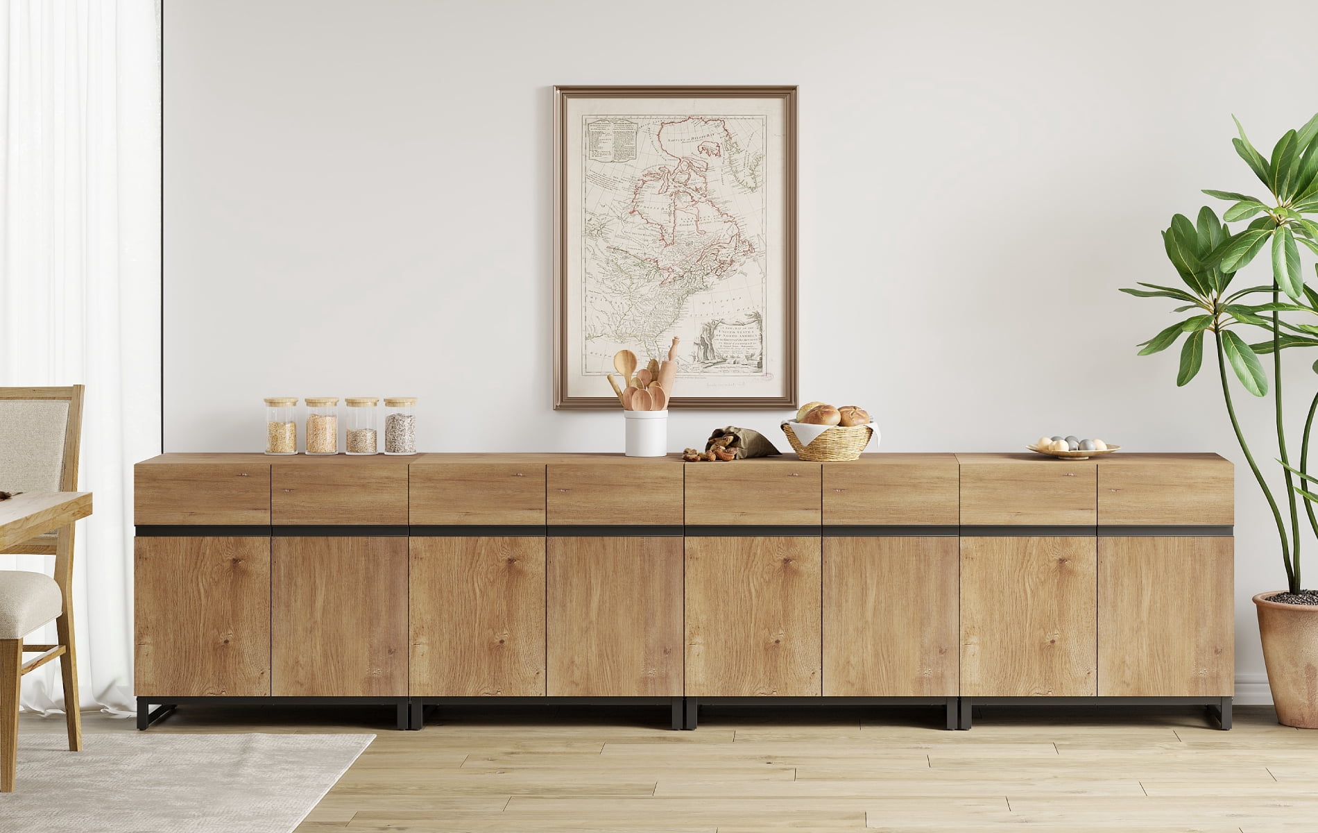 WAMPAT 126" Wide 4-In-1 Multifunctional Sideboard Buffet with Adjustable Shelf & Metal Base, Modern Wood Grain Storage Cabinet for Dining Room, Living Room.