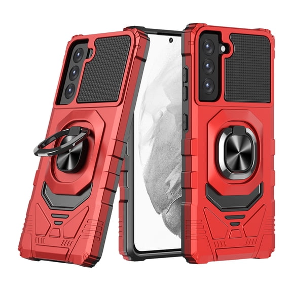 For Samsung Galaxy S21 FE /Fan Edition Hybrid Dual Layer with Rotate Magnetic Ring Stand Holder Kickstand, Rugged Shockproof Cover ,Xpm Phone Case [Red]