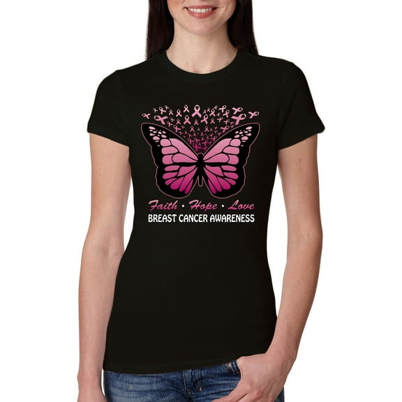 Wild Bobby Faith Hope Love Butterfly Ribbons Breast Cancer Awareness Women Slim Fit Junior Tee, Black, Small
