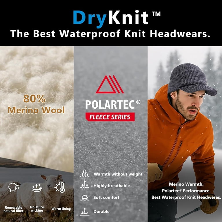 Waterproof Polartec Fleece Lined Merino Wool Cuffed Beanie Hat Winter Warm TOP-EX 100% Merino Wool Mens Winter Beanie Cold Weather  main image 2
