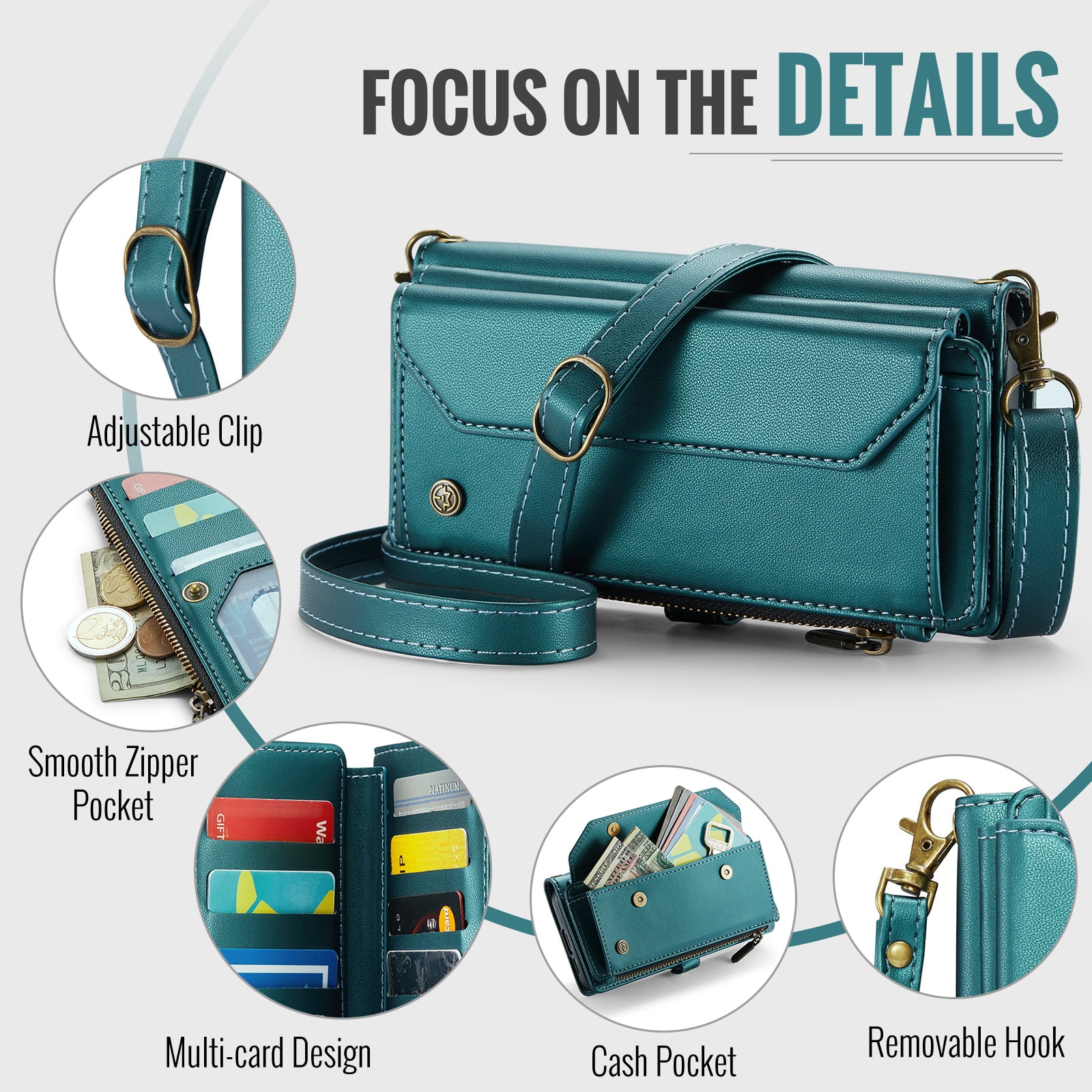 for Samsung Galaxy S24 Full Body Protection Wallet Folio Flip Case, Shoulder Strap & Wristlet Card Slots Zipper Pocket RFID Blocking Rugged Durable PU Leather Phone Case Cover, Green
