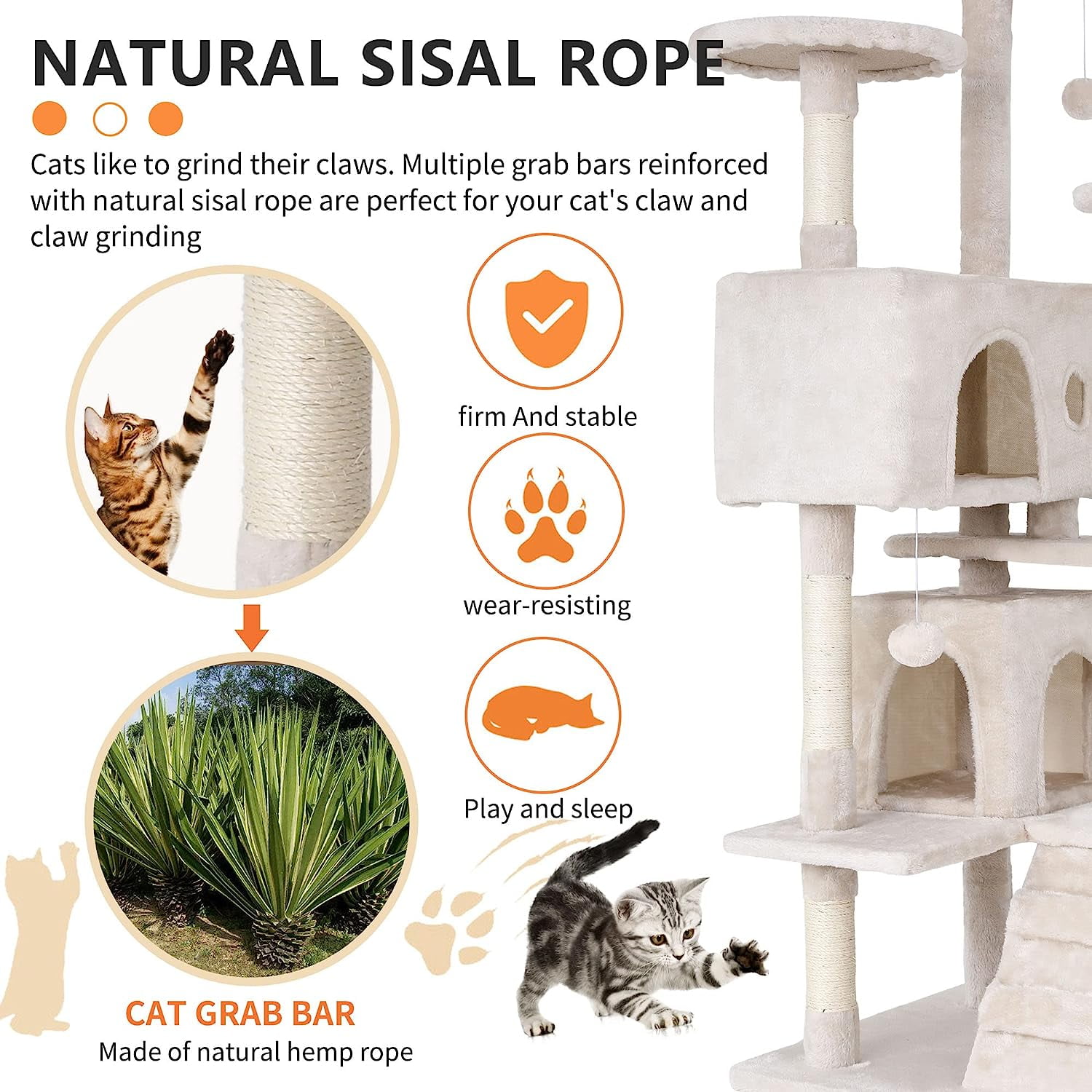 NiamVelo 70 inch Cat Tree Tower Furniture Cat Condo with Scratching Post for Indoor Kittens, Beige