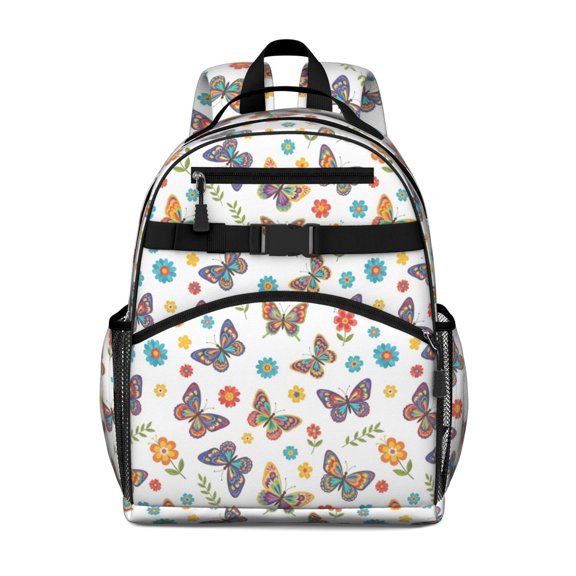 White Colorful Butterfly Flower Pattern Cute School Backpack Bag for School with Padded Back and Adjustable Shoulder Straps 15.25"x11.5"x5.25"
