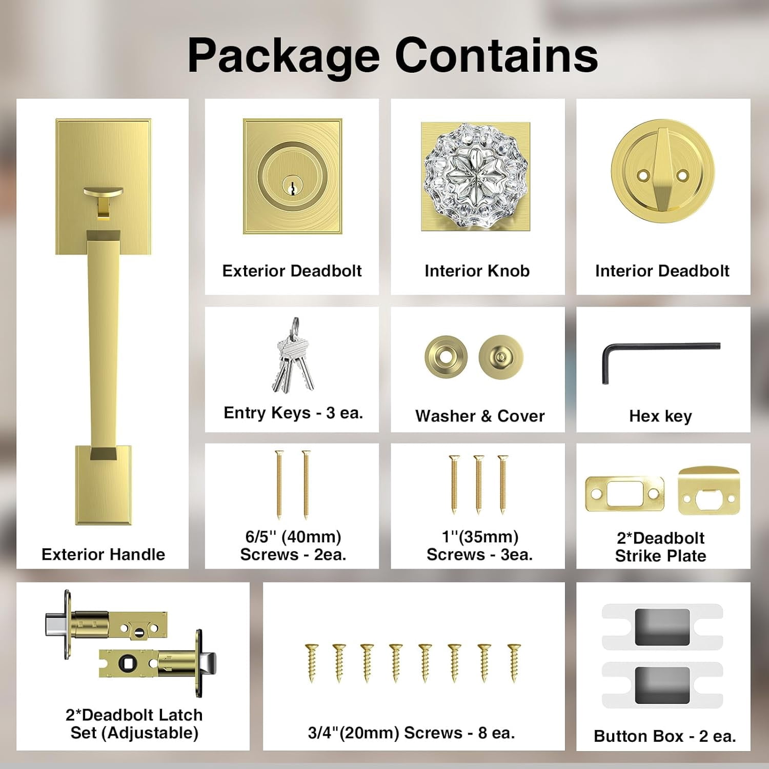 Satin Brass Front Door Handle and Deadbolt Set, Front Door Lock Set with Crystal Glass Door Knob, Exterior Door Lock Set with Single Cylinder, Reversible for Right & Left, Gold