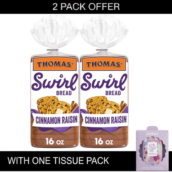 Thomas' Cinnamon Raisin Swirl Bread, 16 oz Loaf, 2-Pack, Pre-Sliced Cinnamon Raisin Bread, Perfect for Toast & French Toast, Includes 1 Tissue Pack