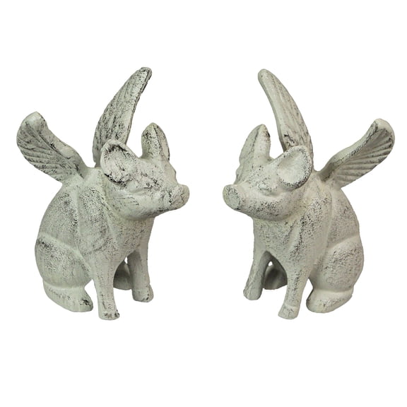 Zeckos White Cast Iron Flying Pig Bookends Home Decor Set of 2