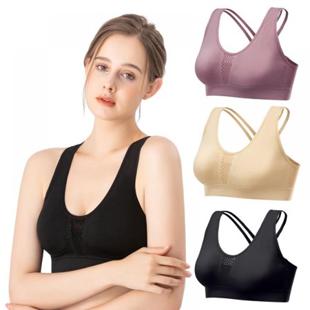 

Popvcly 3 Pack Women s Seamless Sports Bra Hollow Out Mesh Cross Breathable Sleep Bra Gathered Yoga Vest