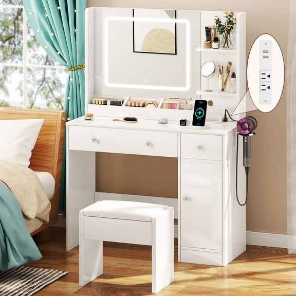 Vanity Desk with Mirror and Light,34 inch Makeup Vanity Desk with Power Outlet,2 Drawers,Cabinet,Storage Shelves & 3 Color Modes,Dressing Table Stool Set for Bedroom,White
