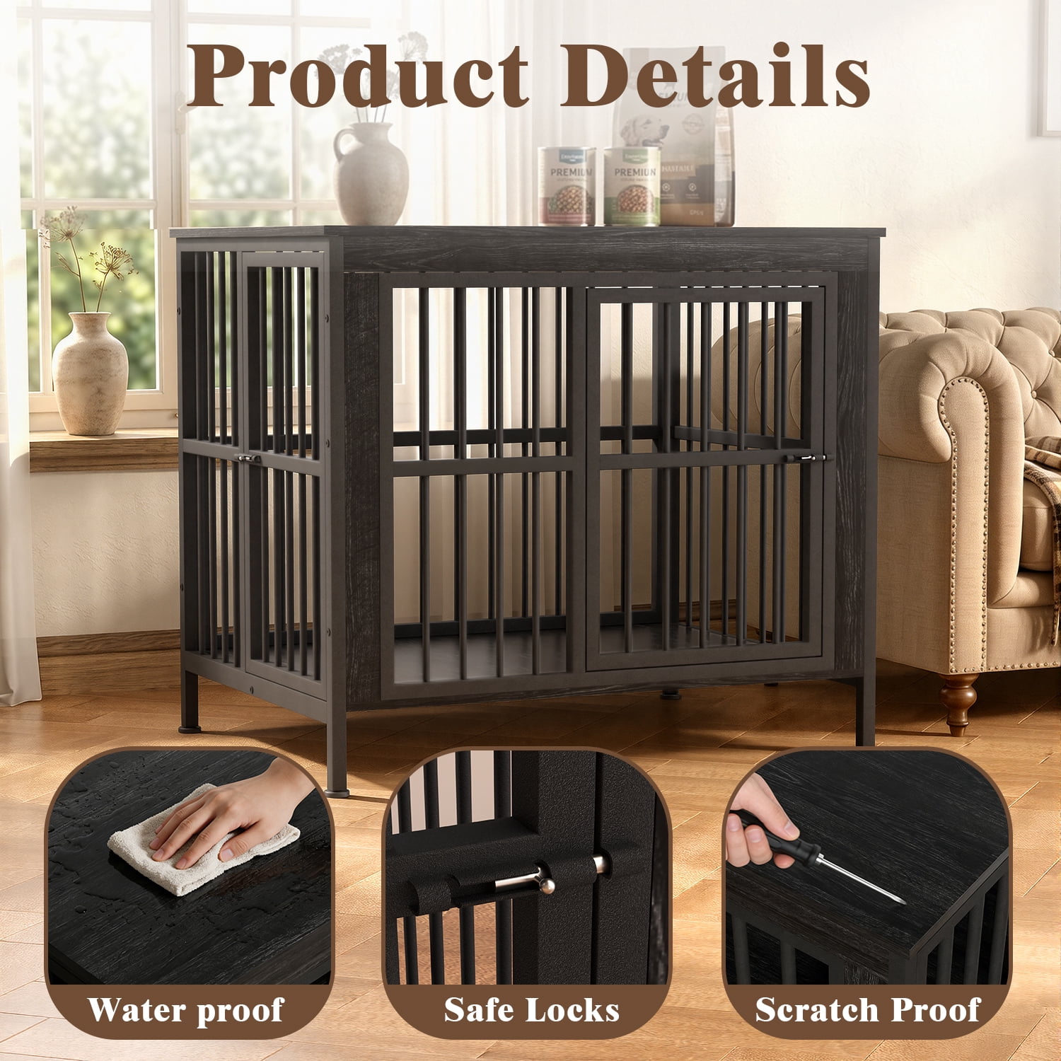 Ironovahome 40" Dog Crate Furniture for Medium/Large Dogs, Heavy Duty Wooden Dog Crate with Double Doors & Safe Locks, XL Large Indoor Dog Kennel Pet House, Black