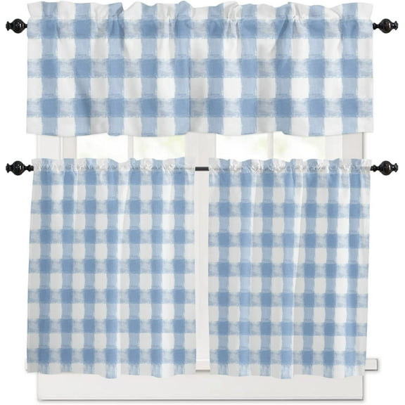 3 Piece Farmhouse Sky Blue Kitchen Curtains, Tier and Valance Rod Pocket Window Curtains Set Watercolor Buffalo Check Grid Cafe Curtains for Kitchen Valances Window Treatment 54X18in 27x24in×2