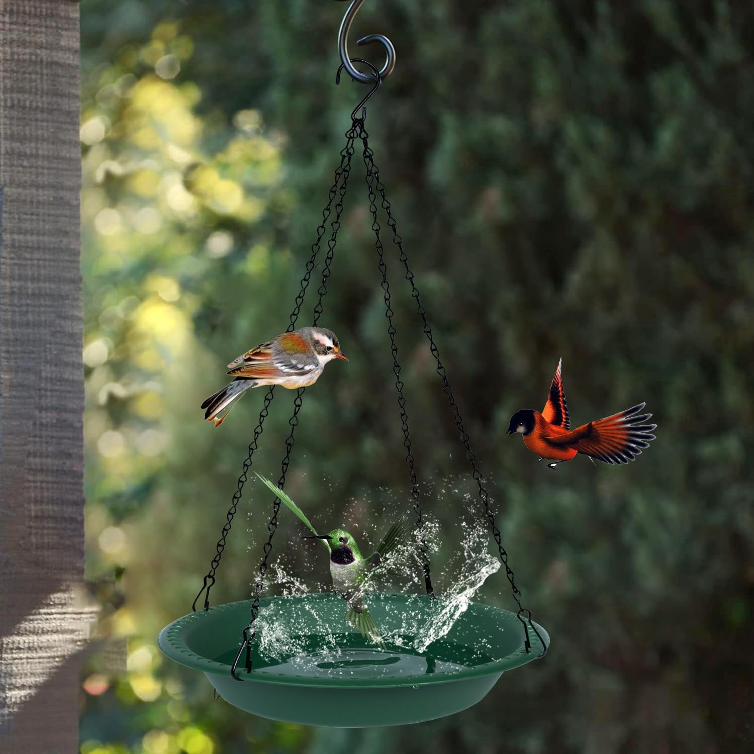 Sparklane - Bird Bath for Outside Heavy Duty, 14 inch BirdBath Bowl Only with 25” Rust-Proof Black Chains for Outdoor, Hanging Bird Bath Hanging Bird-Feeder for Garden Backyard Decor (Green 1 Pack)