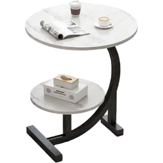 Colacoor C Shape Round Coffee Tables for Living Room, 2 Tier Wood Faux Marble with Metal Frame Furniture for Office Balcony Bedroom 16.7"Lx16.7"Wx23.6H