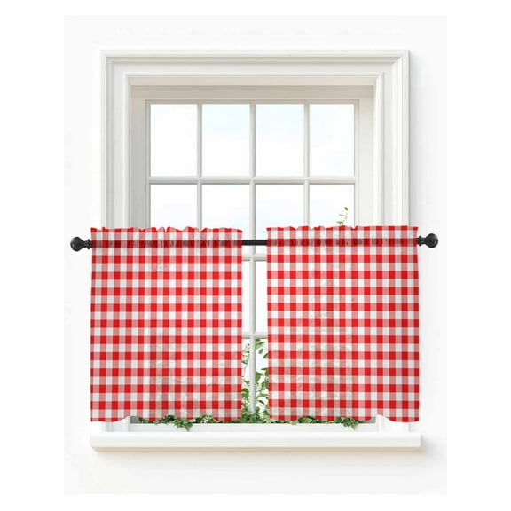 Red White Plaid Tier Curtains 24 Inch Length,Sheer Curtains for Bedroom Living Room Window Modern Farmhouse Buffalo Check Gingham Voile Drapes Kitchen Curtains Small Half Window 27.5"x24" 2 Panels