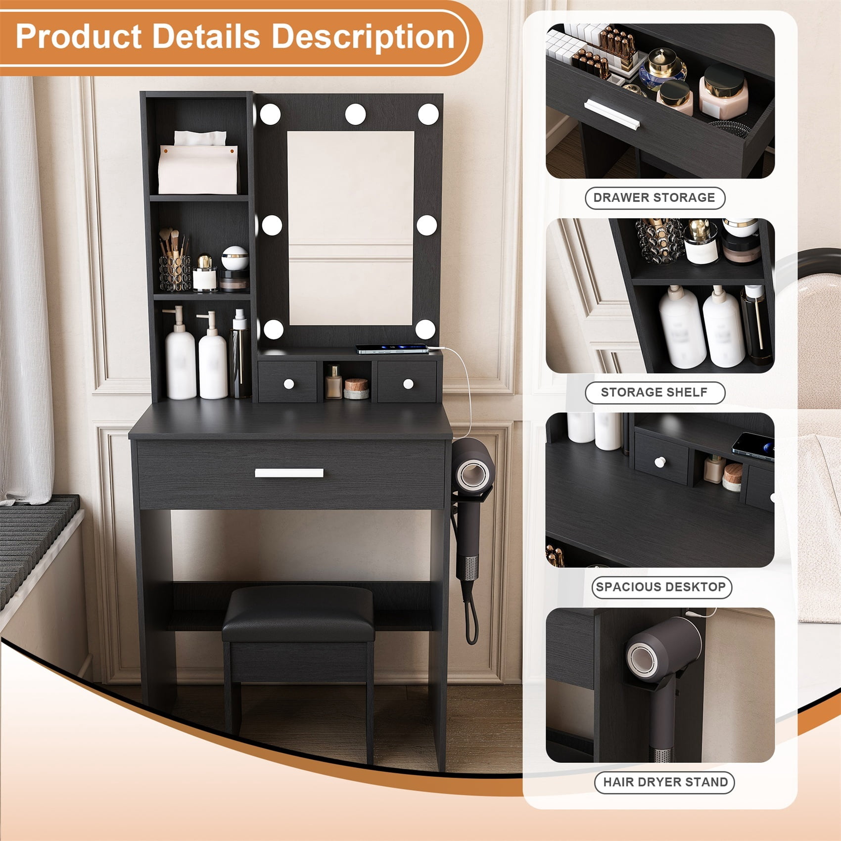 Alvantor Makeup Vanity Table and Chair Set with Mirror & Lights, Built-in Power Outlet & Hairdryer Holder, Black Finish