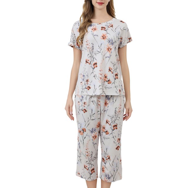 Jamicy Pyjama Doux pour Femmes, Haut à Manches Courtes Imprimé avec Cordon de Serrage, Ensemble de Pyjama pour Dames, Confortable, Col Rond, Tenue de Détente