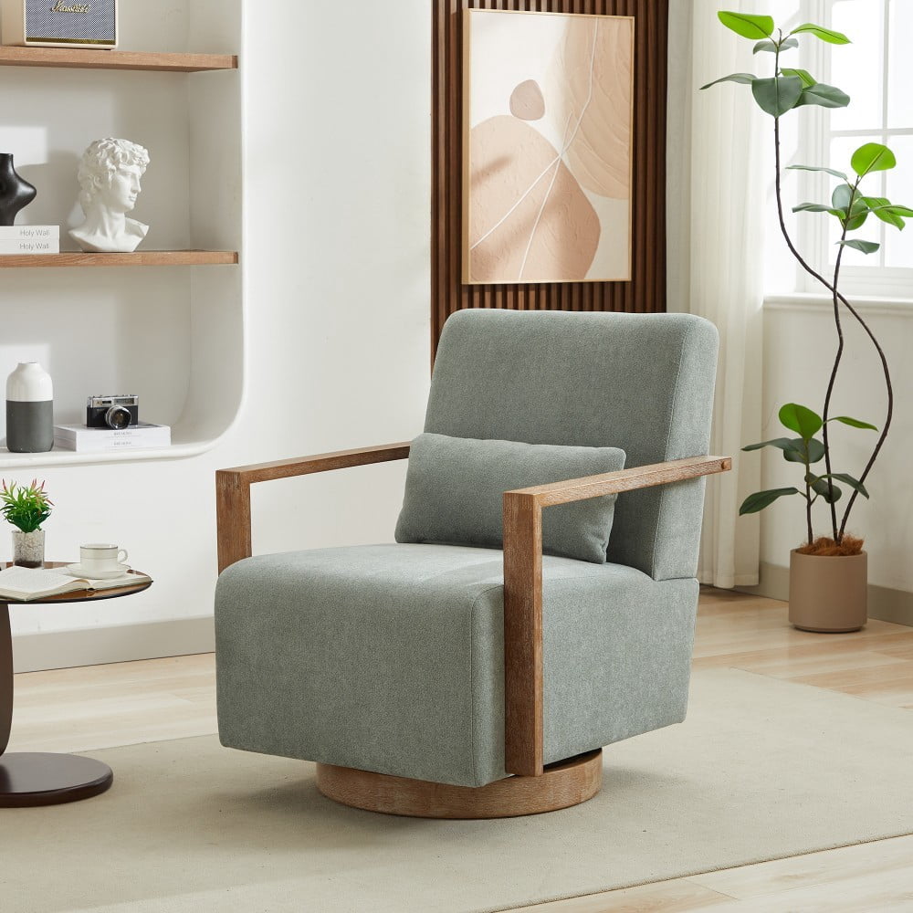 Swivel Accent Chair, 360 Degree Modern Upholstered Lounge Chair with Solid Wood Armrests, Linen Blend Fabric, Comfy Reading Chair for Living Room, Bedroom & Office, Pale Green