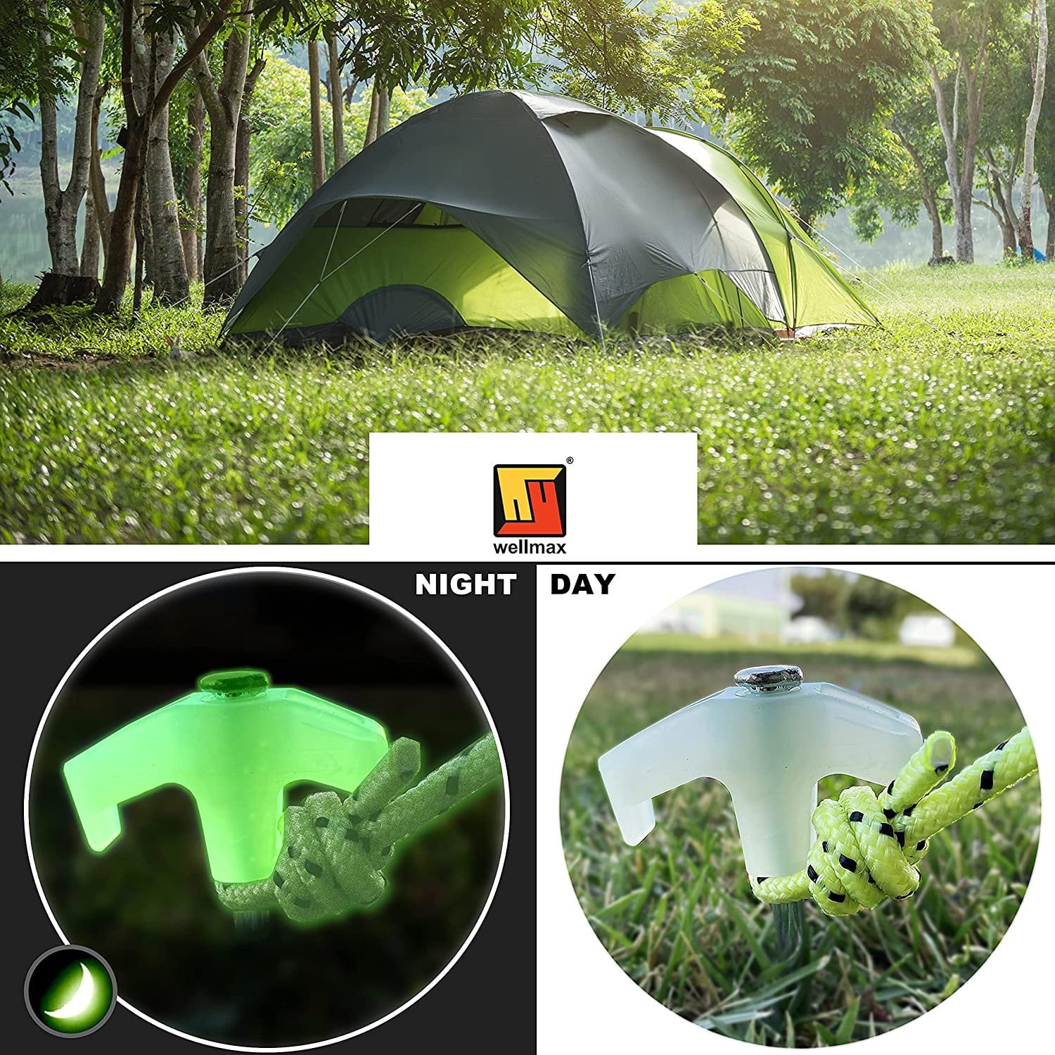 Wellmax 10PC Tent Stakes Heavy Duty with 2 Pack Glow in Dark Polypropylene Rope 3/16" x50ft and 1/4" x50ft