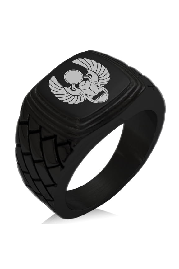 Stainless Steel Scarab Beetle Sacred Sun Geometric Pattern Step-Down Biker Style Polished Ring
