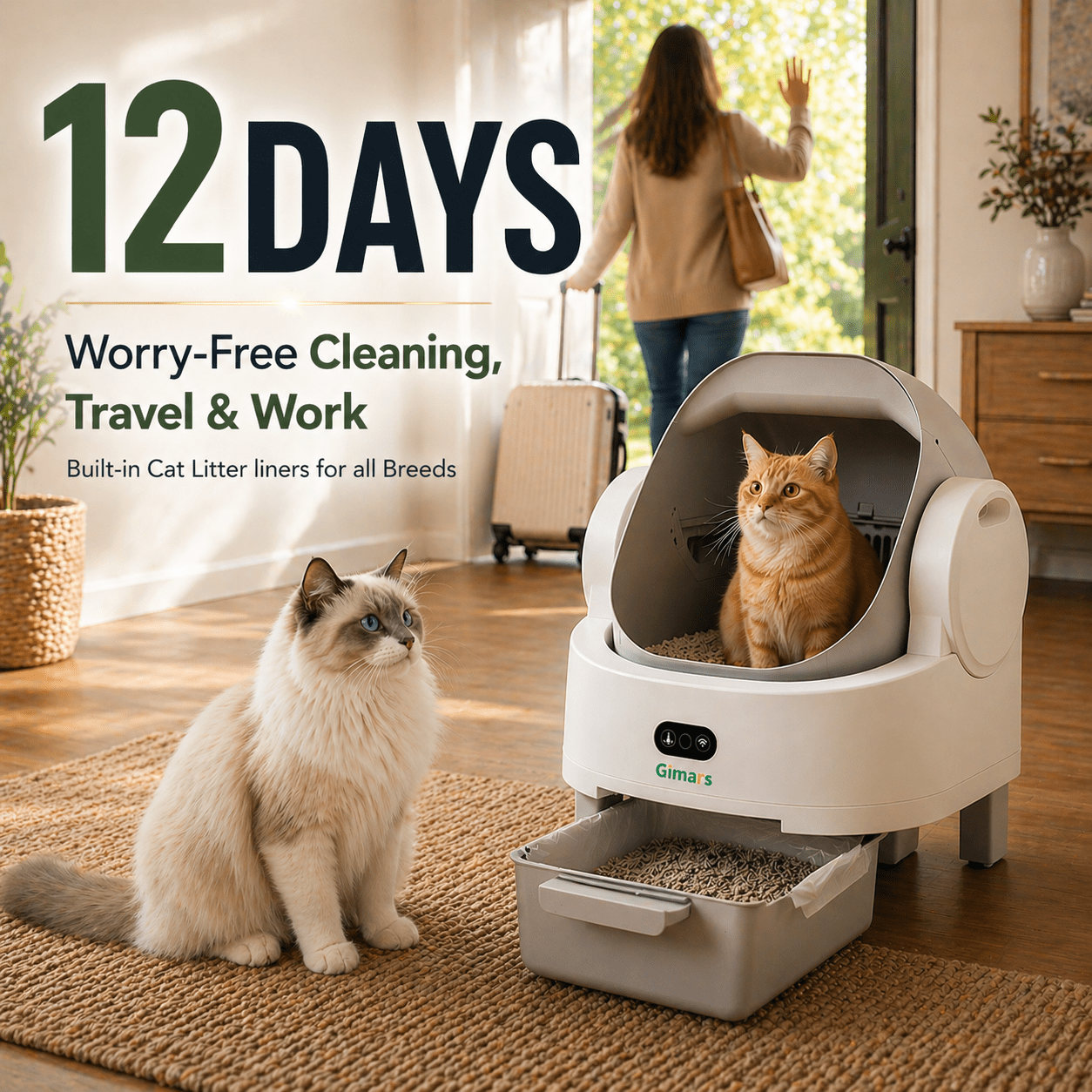 Gimars Self Cleaning Cat Litter Box, Open-Top, Large Capacity, Safety Sensors, For Multi Cats