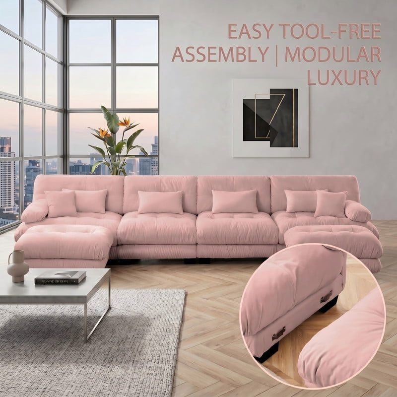 ANPPORT Cloud Couch Sleeper Sofa, Chenille Pink 4-Seater Modular Sofa with 2 Ottomans, 4 Lumbar pillows, 2 Pillows, Comfy Deep Seat Cloud Sofa, Convertible L-Shaped Floor Couch for Living Room
