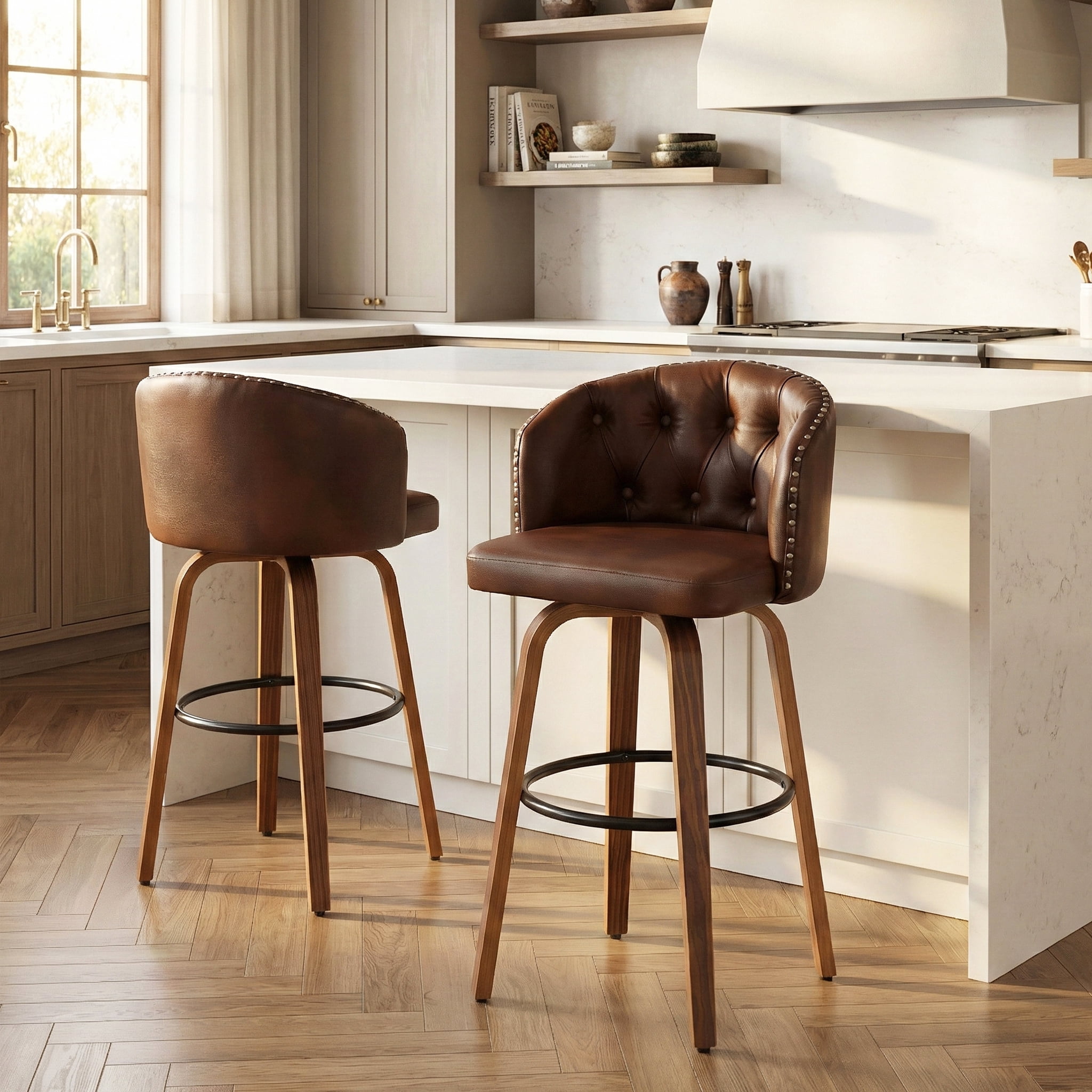 Fahomiss 26" Swivel Counter Height Bar Stools with Back Set of 2, Brown Leather Kitchen Stools